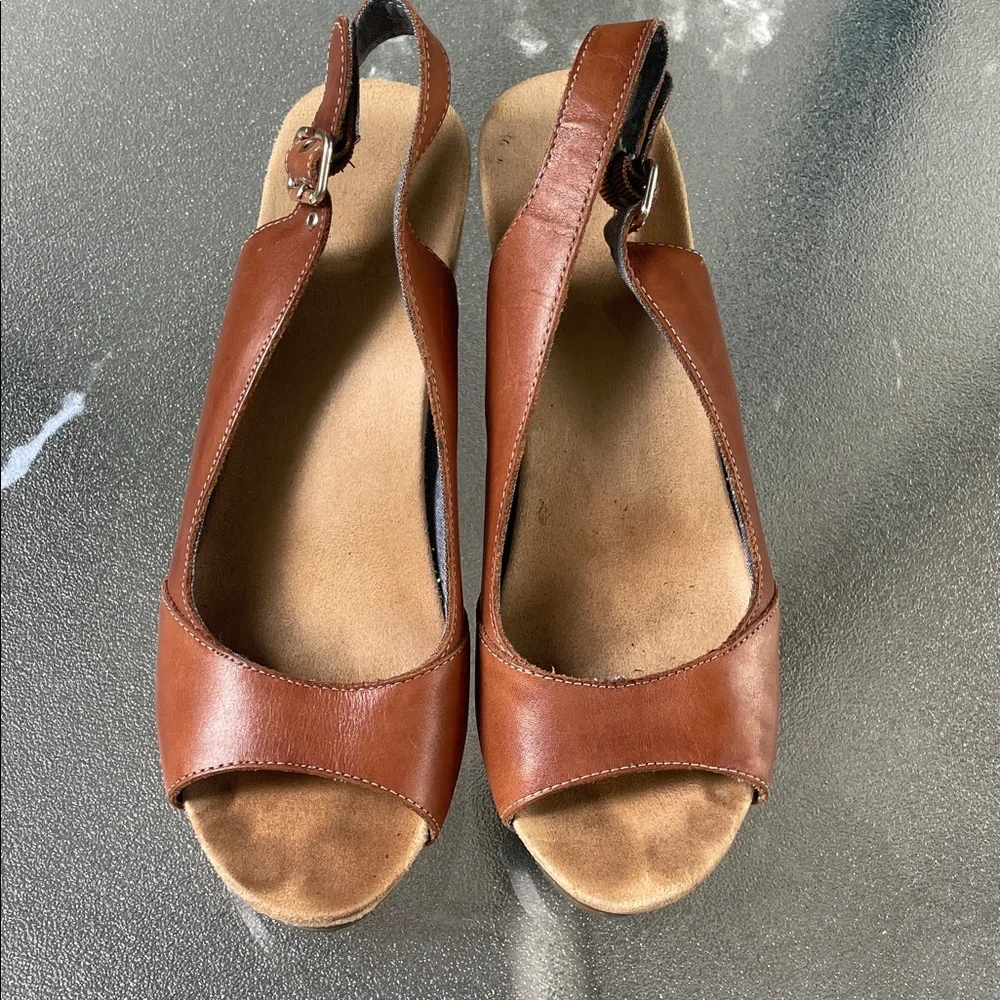 Dr. Scholl's Tan Leather Wedge Sandals - Picture 1 of 12